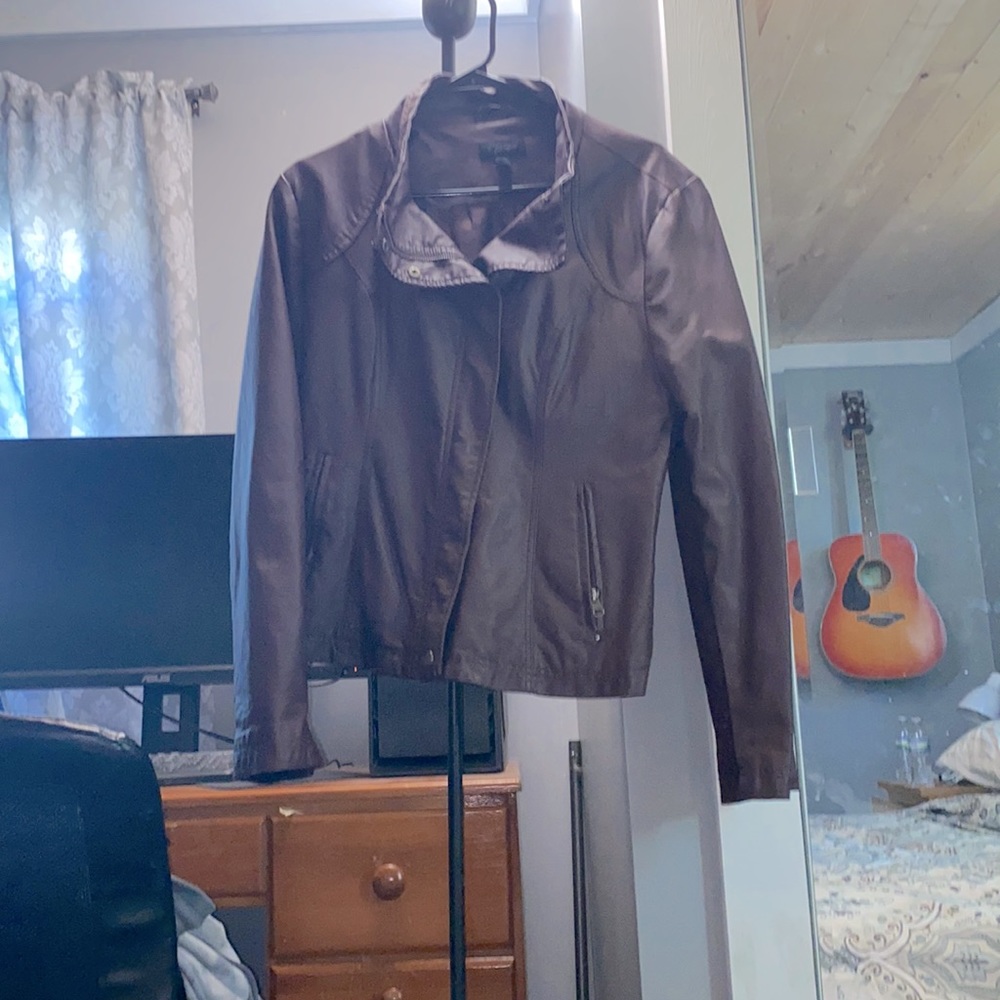 Maroon, pleather bomber jacket.